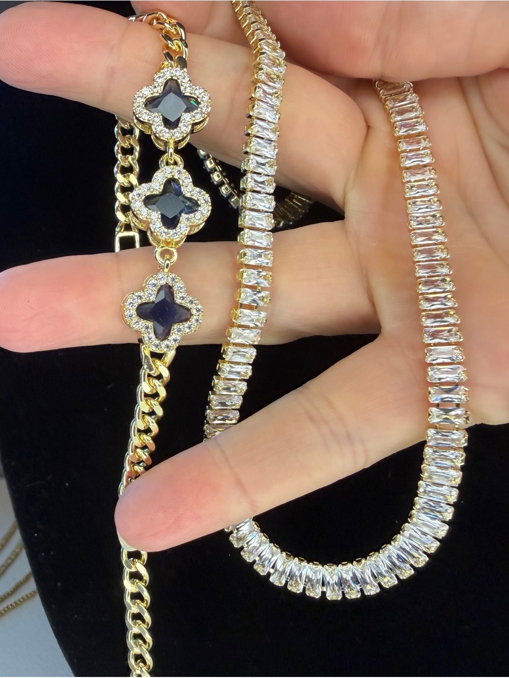 Blue Clover & Rhinestone Bracelet & Clear CZ Tennis Necklace Set